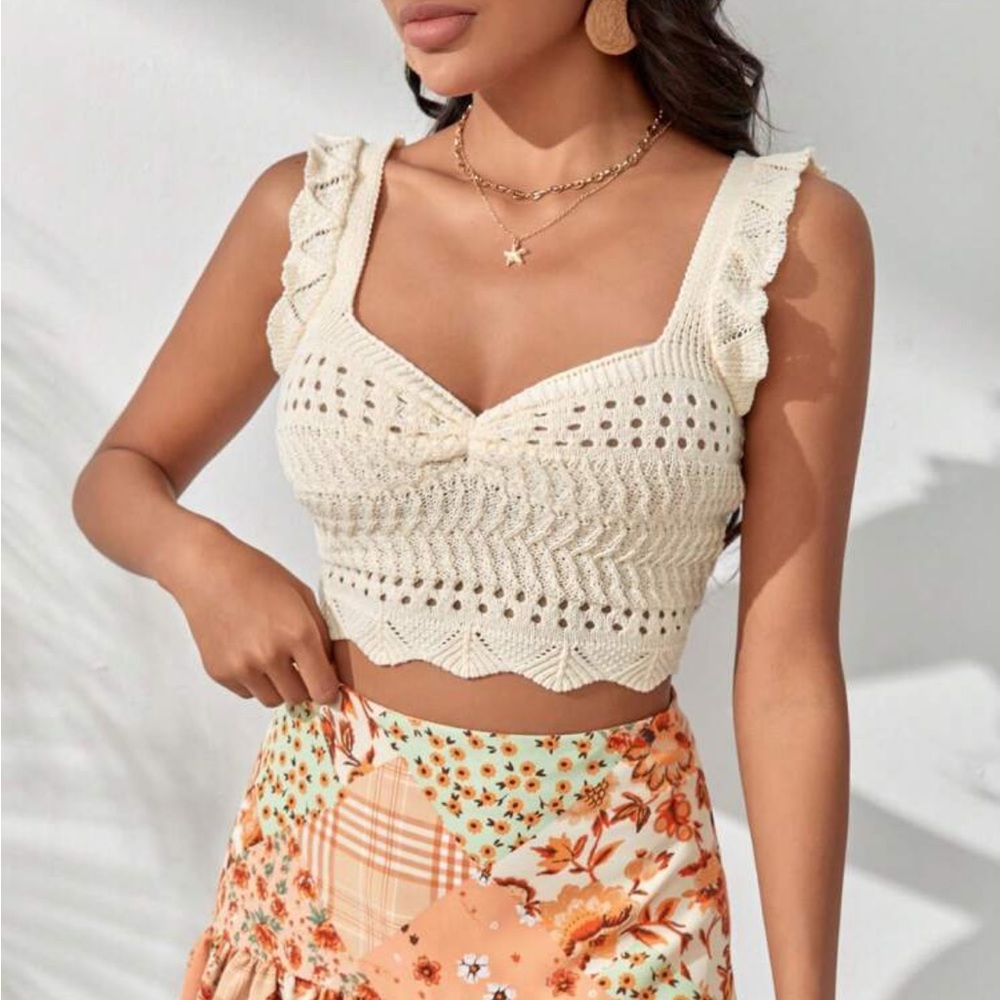 Cream Crochet knitted Ruffle Trim Knit Top - Picture 4 of 4